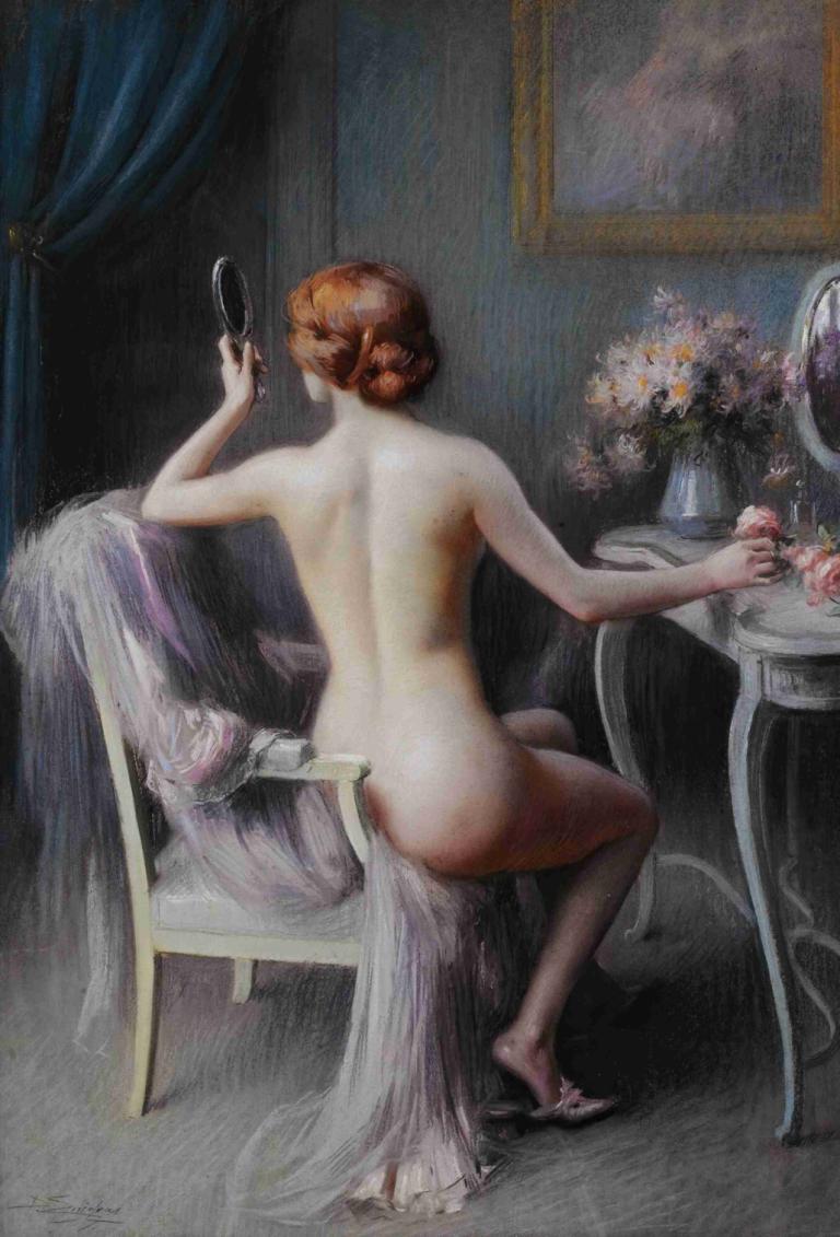 French Nu Feminin,フレンチ・ヌー・フェミニン,Delphin Enjolras,ドルフィン・エンジョルラス,油絵,油絵, 1女の子, 美術パロディ, ソロ, お尻, ヌード, 花, 花瓶, 座っている