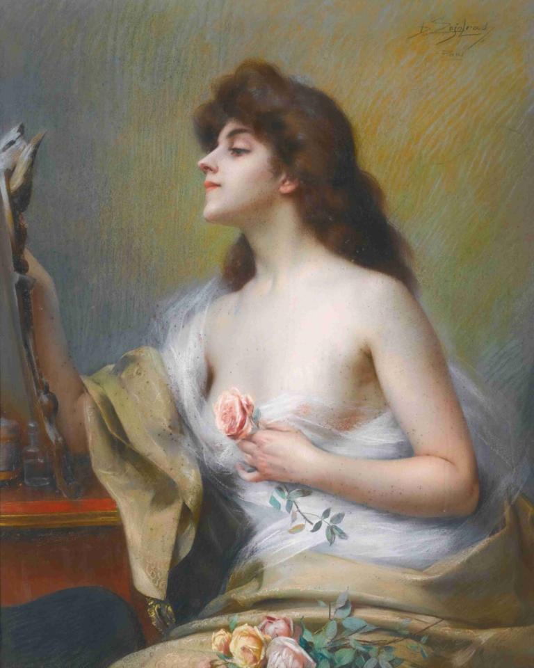 Girl with a rose,장미를 든 소녀,Delphin Enjolras,돌고래 엔졸라,오일 페인팅,오일 페인팅, 여자 1명, 미술 패러디, 독주, 꽃, 갈색 머리, 현실적인, 드레스