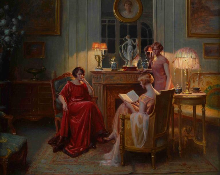 In the reading room,Delphin Enjolras,Oil Painting,Oil Painting, sitting, chair, book, dress, indoors, candle