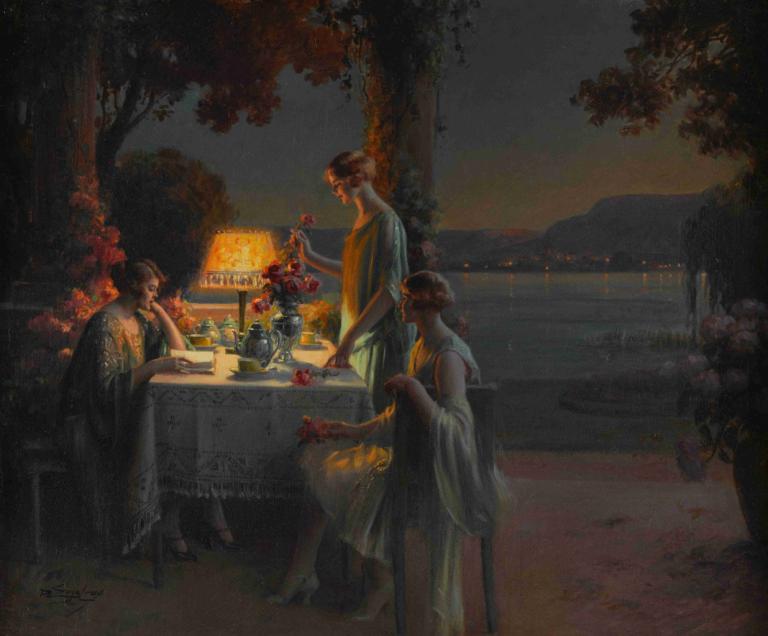 Jeunes femmes au bord du lac,호숫가의 젊은 여성들,Delphin Enjolras,돌고래 엔졸라,오일 페인팅,오일 페인팅, 테이블, 꽃, 나무, 식탁보, 여러 소년