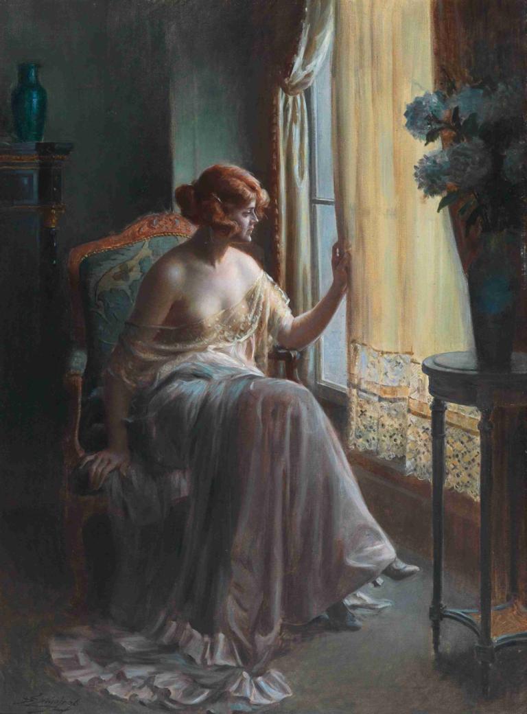 Lady in the Boudoir,ブードワールの貴婦人,Delphin Enjolras,ドルフィン・エンジョルラス,油絵,油絵, 1女の子, ドレス, ソロ, 窓, カーテン, 座っている, 椅子, 屋内で