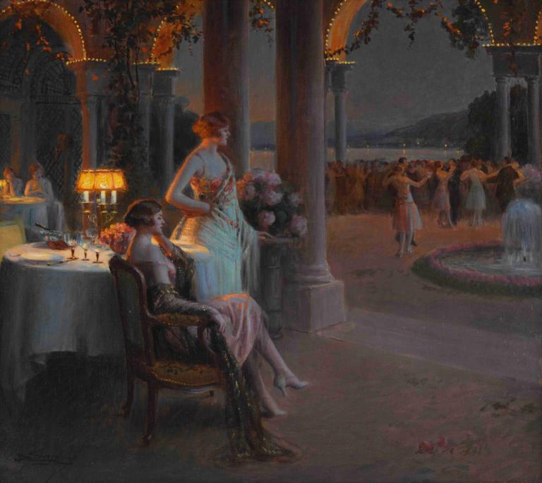 Le Soir sur la terasse,Delphin Enjolras,Oil Painting,Oil Painting, fine art parody, dress, multiple girls