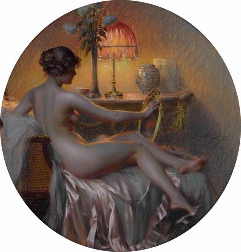 Le boudoir,Delphin Enjolras,Oil Painting,Oil Painting, 1girl, fine art parody, breasts, nude, solo, sitting