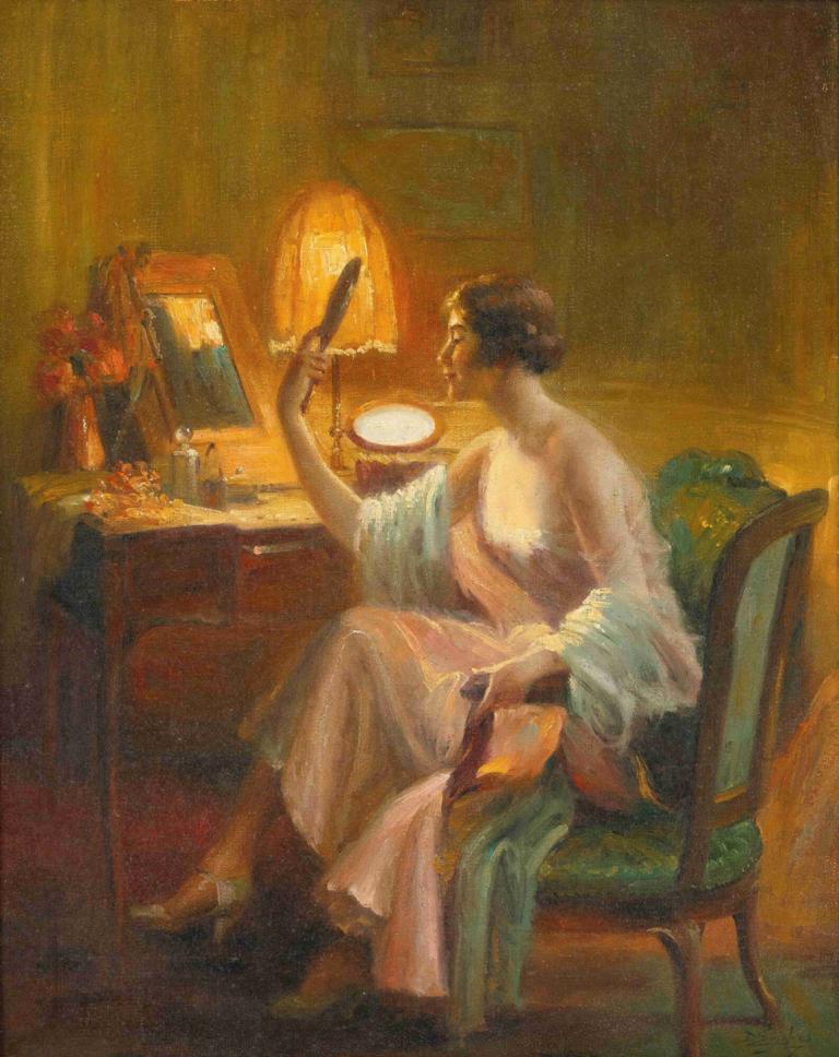 Le boudoir,Delphin Enjolras,Oil Painting,Oil Painting, chair, solo, sitting, 1girl, dress, traditional media