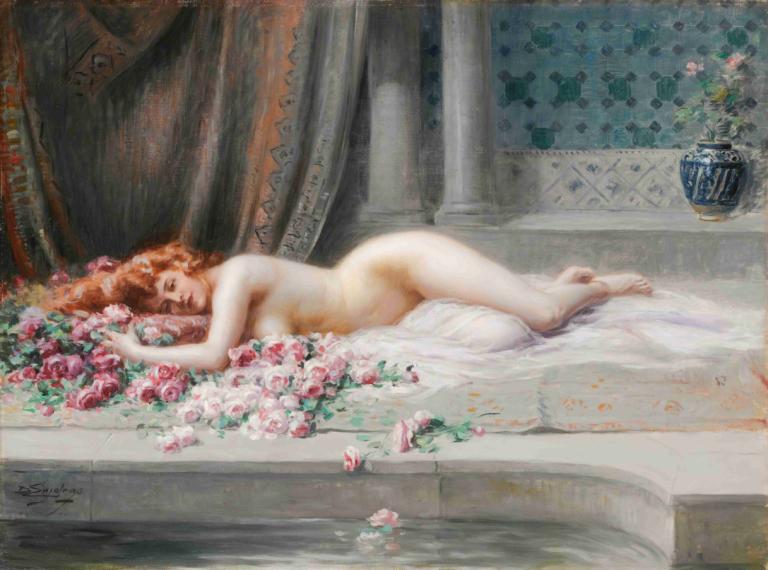 Nu Allongé,Delphin Enjolras,Oil Painting,Oil Painting, 1girl, fine art parody, nude, solo, flower, lying