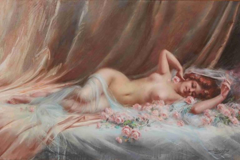 Nu Aux Roses,Delphin Enjolras,Oil Painting,Oil Painting, 1girl, solo, breasts, navel, nude, lying, nipples