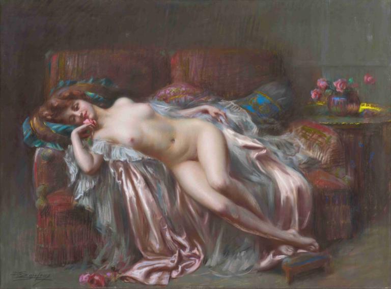 Nu allongé à la rose,Delphin Enjolras,Dauphin Enjolras,Peinture à l'huile,Peinture à l'huile, 1fille, solo