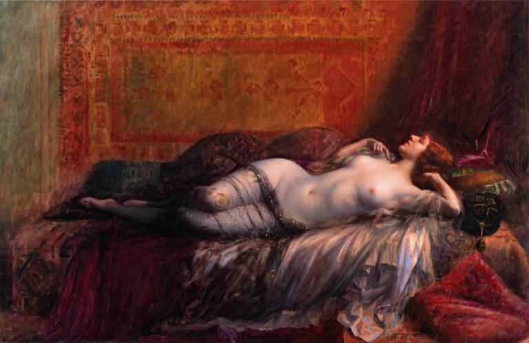 Odalisque,Delphin Enjolras,Oil Painting,Oil Painting, 1girl, fine art parody, breasts, solo, nipples, lying