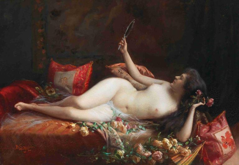 On a bed of roses,Delphin Enjolras,Oil Painting,Oil Painting, 1girl, fine art parody, solo, realistic, nude