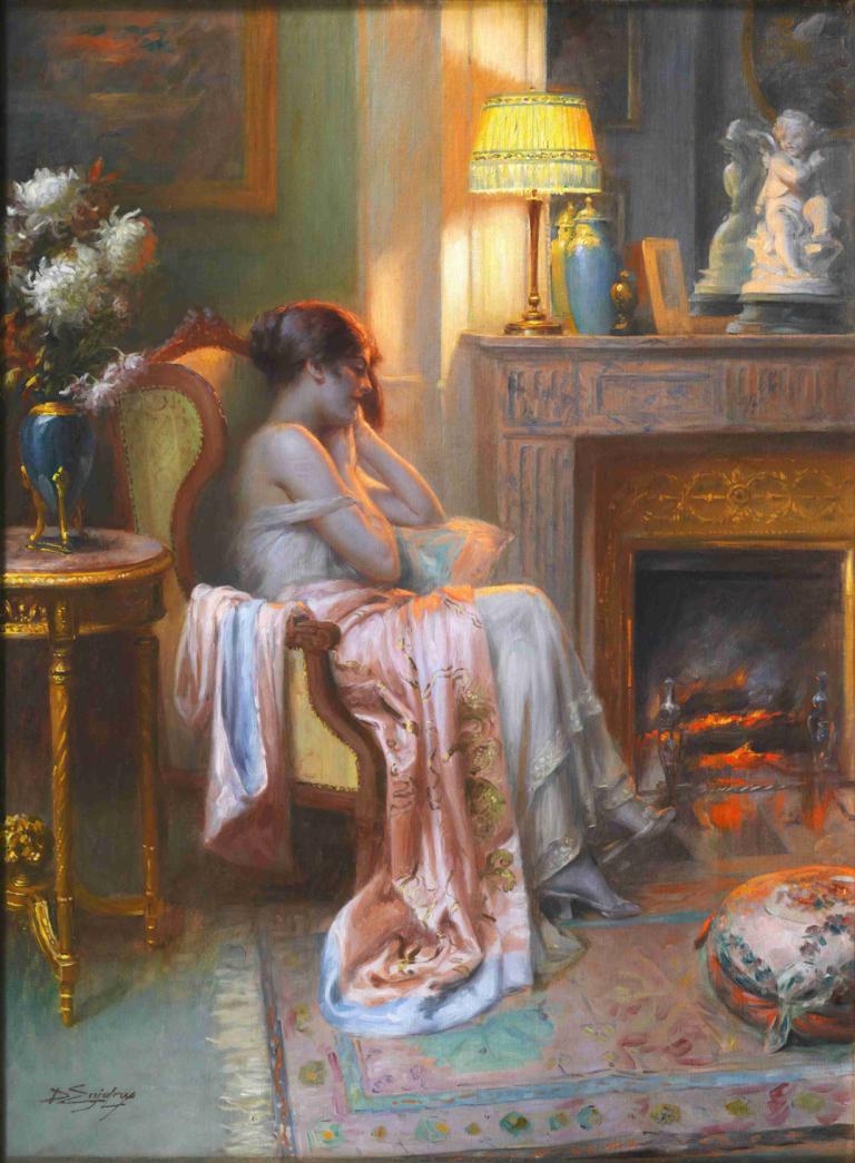 Pensive,Ettertenksom,Delphin Enjolras,Oljemaleri,Oljemaleri, 1 jente, solo, vase, sitter, kjole, stol