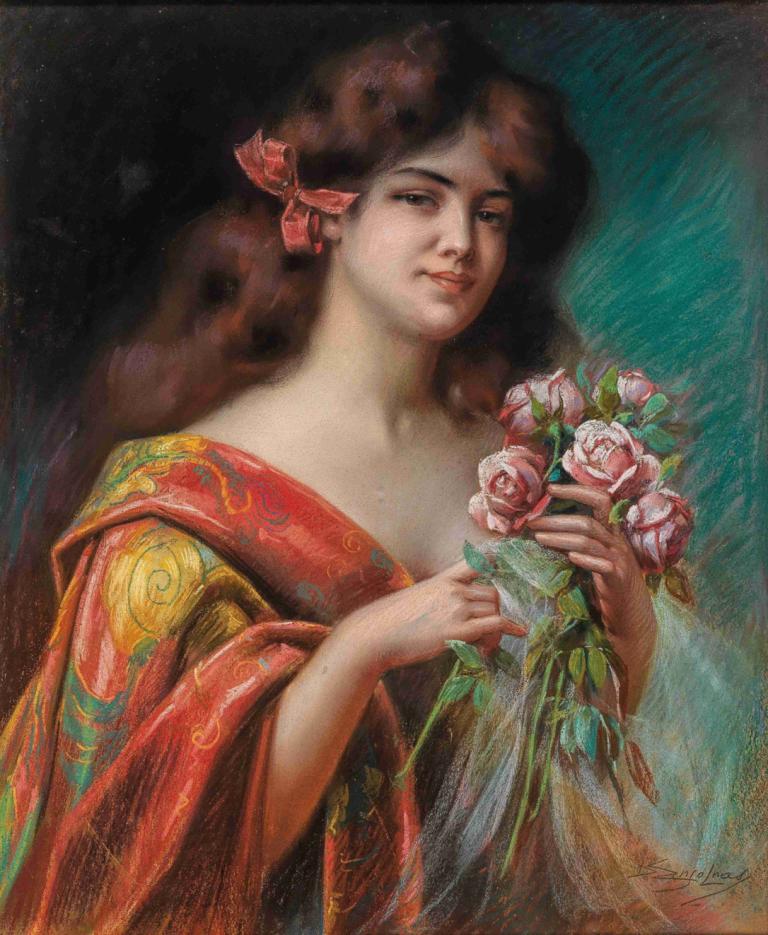 Portrait of a Lady in a Negligee, Holding Roses,Delphin Enjolras,Oil Painting,Oil Painting, 1girl, solo