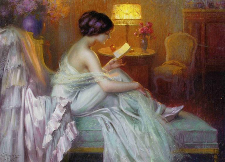 Reading at lamp light,Delphin Enjolras,Oil Painting,Oil Painting, 1girl, dress, solo, sitting, white dress