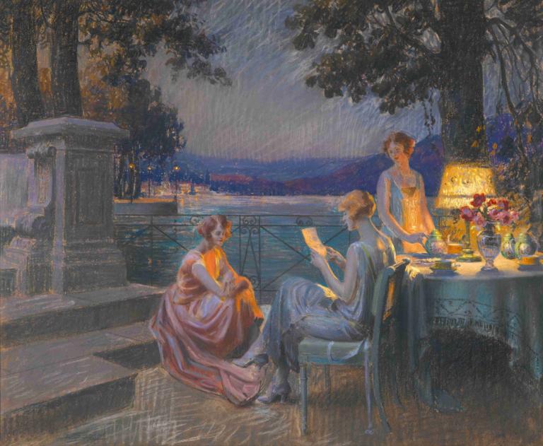 Sur la terrasse,Auf der Terrasse,Delphin Enjolras,Ölgemälde,Ölgemälde, Kleid, Sitzung, Tisch, mehrere Mädchen