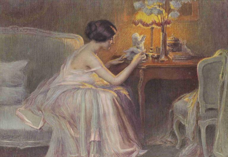 The Little Statue,Delphin Enjolras,Oil Painting,Oil Painting, 1girl, sitting, dress, solo, short hair