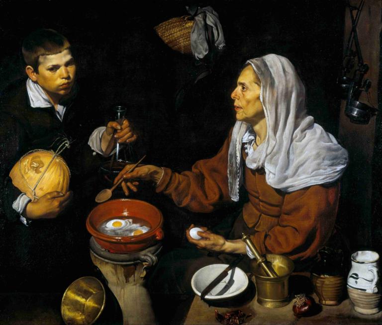 An Old Woman Cooking Eggs,Diego Velázquez,Oil Painting,Oil Painting, multiple boys, fine art parody, food