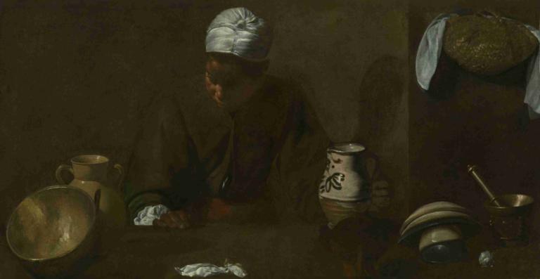 Kitchen Scene,Diego Velázquez,Oil Painting,Oil Painting, male focus, 1boy, bandages, gloves, dark, cup, solo