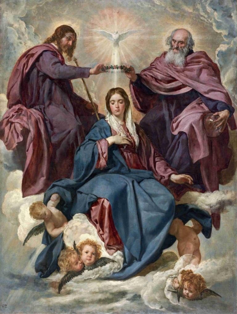 La Coronación De La Virgen,拉維根的冠冕,Diego Velázquez,迭戈·貝拉茲克斯,油畫,油畫, 多個男孩, 美術模仿, 鬍子, 鬍鬚, 雲, 棕色的頭髮, 翅膀, 長袍, 老的