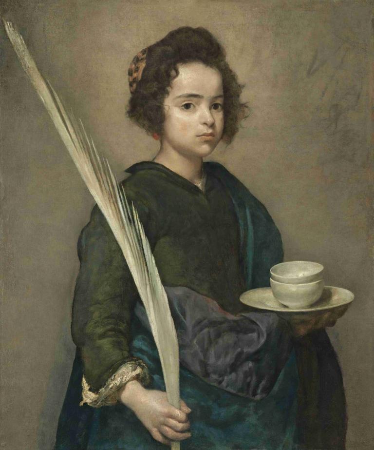 Saint Rufina,Diego Velázquez,Oil Painting,Oil Painting, solo, 1girl, fine art parody, realistic, holding, cup