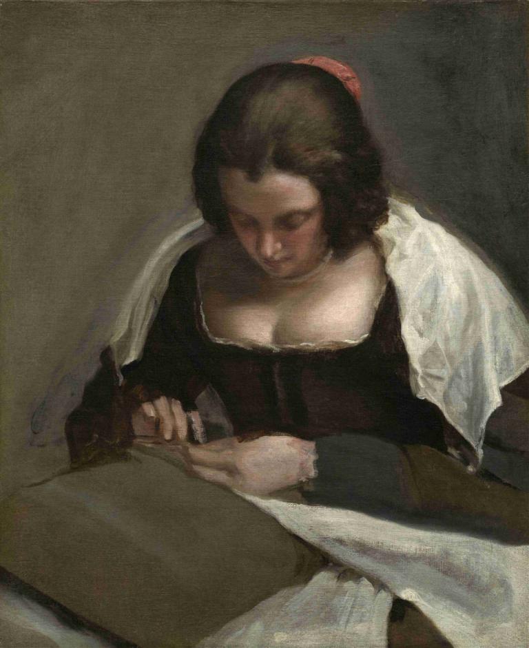 The Needlewoman,Diego Velázquez,Oil Painting,Oil Painting, 1girl, fine art parody, solo, realistic, breasts