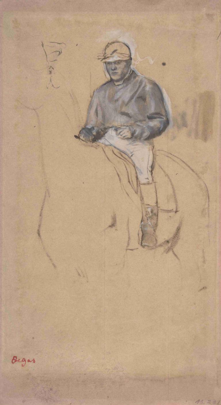 A Jockey on His Horse,Edgar Degas,Sketch,Sketch, 1boy, solo, male focus, traditional media, sitting