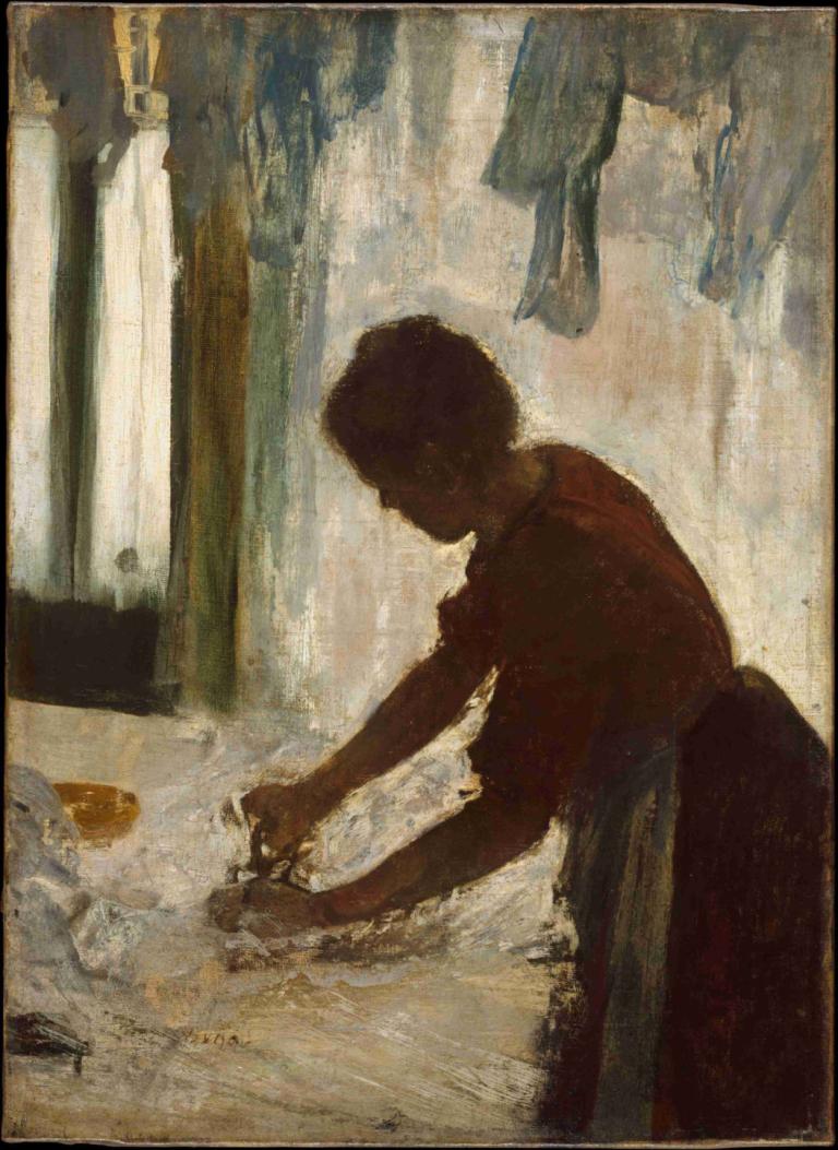 A Woman Ironing,Edgar Degas,Oil Painting,Oil Painting, 1boy, solo, male focus, shirt, curtains, indoors