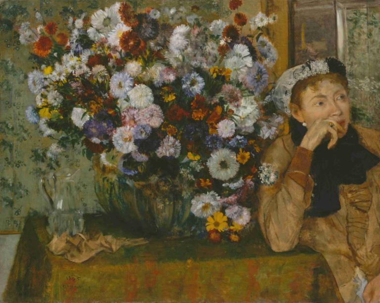 A Woman Seated beside a Vase of Flowers,Edgar Degas,Oil Painting,Oil Painting, flower, male focus, 1boy, solo