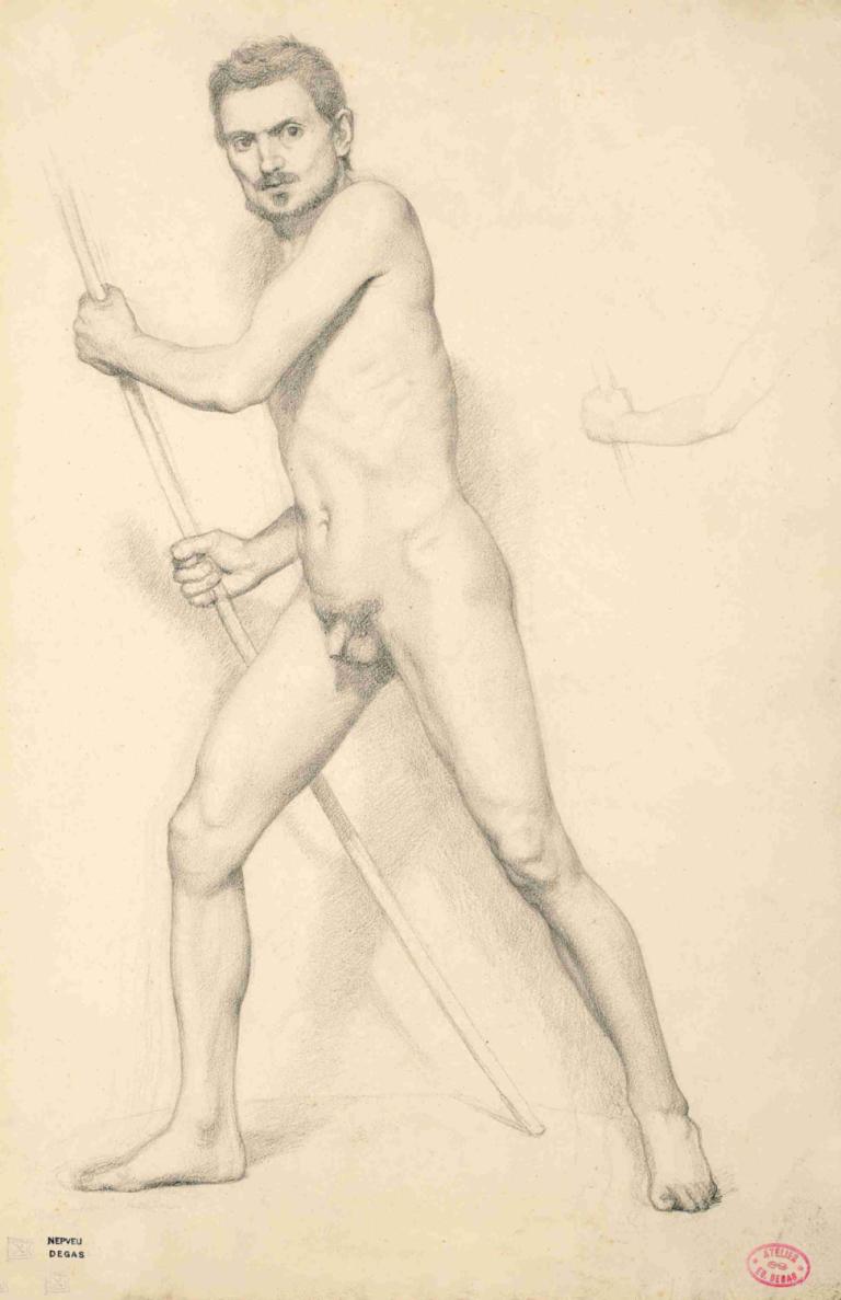 Académie d'homme tenant un bâton,Edgar Degas,Sketch,Sketch, male focus, 1boy, penis, monochrome, solo, nude