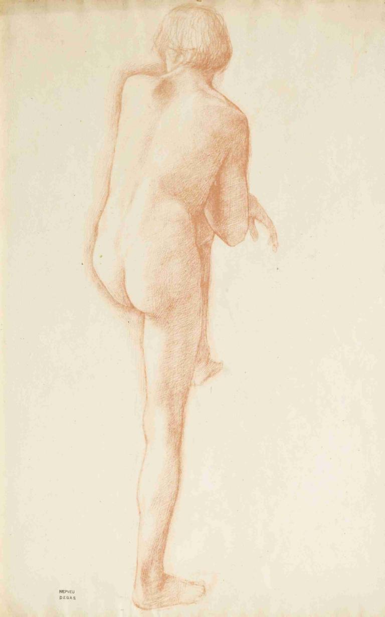 Academy of a man,Edgar Degas,Sketch,Sketch, solo, nude, ass, monochrome, sketch, barefoot, 1girl, back