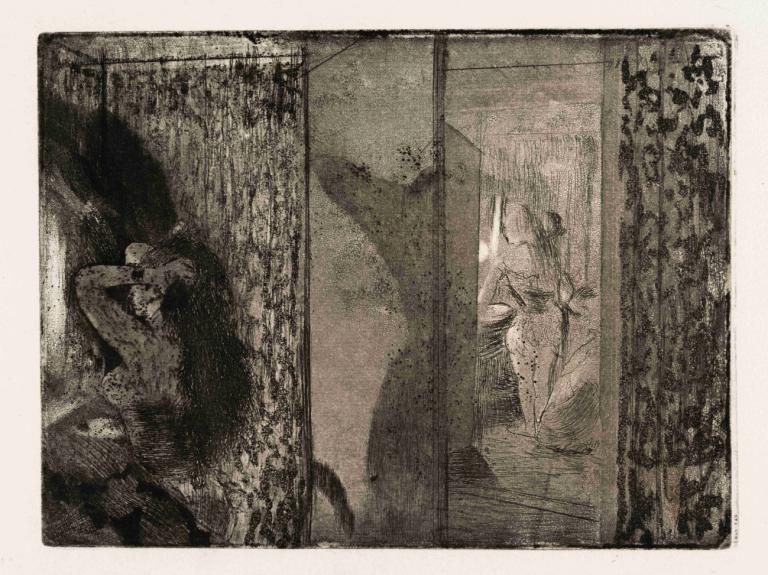 Actresses in their Dressing Rooms,Edgar Degas,Copperplate Etching,Copperplate Etching, monochrome, border