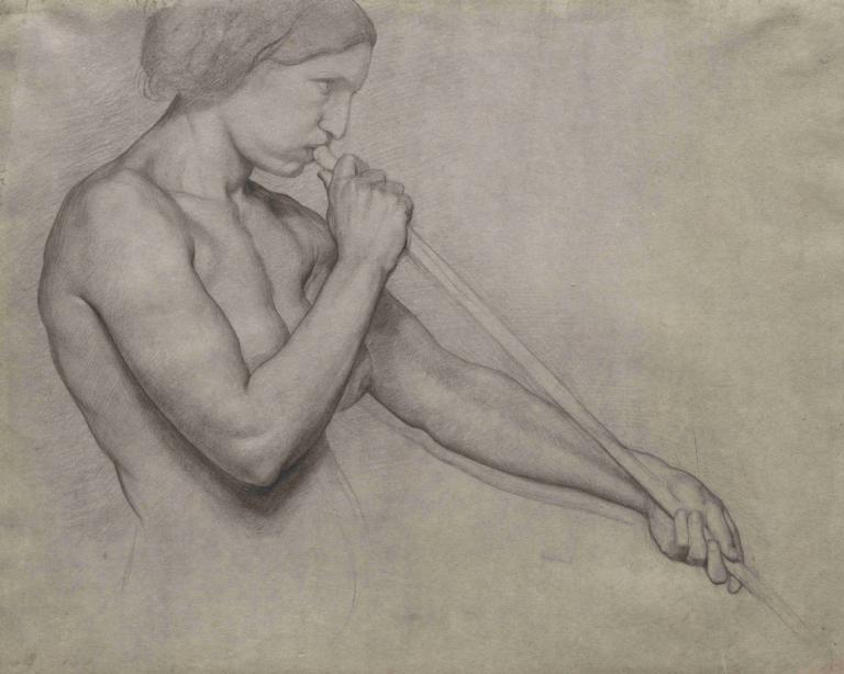 Angel Blowing a Trumpet,Edgar Degas,Sketch,Sketch, solo, monochrome, 1girl, traditional media, weapon, nude