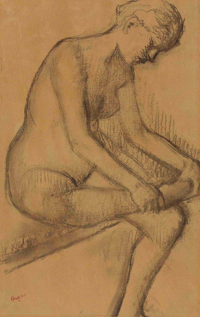 Après le bain,Efter bad,Edgar Degas,Skitse,Skitse, solo, nøgen, 1 dreng, mandligt fokus, monokrom, skitse