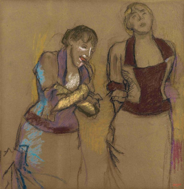 Au Café-Concert, Deux Chanteuses,Di Konser Kafe, Deux Chanteuses,Edgar Degas,Pastel,Pastel, 1 gadis, lidah