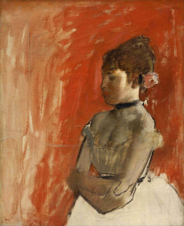 Ballet Dancer With Arms Crossed,Edgar Degas,Oil Painting,Oil Painting, 1girl, solo, dress, brown hair