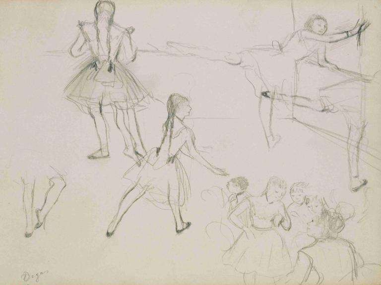 Ballet Dancers Rehearsing,Edgar Degas,Sketch,Sketch, sketch, monochrome, 1girl, dancing, traditional media