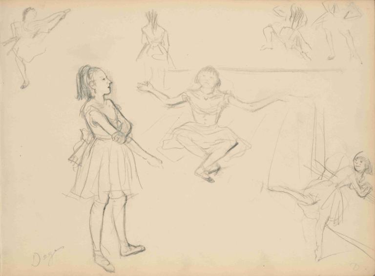 Ballet Dancers Rehearsing,Edgar Degas,Sketch,Sketch, sketch, 1girl, monochrome, dancing, skirt