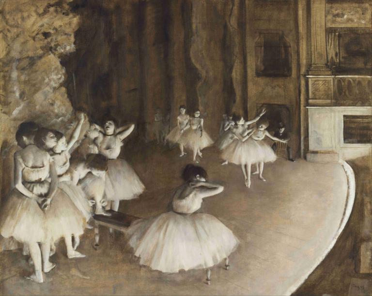 Ballet Rehearsal On Stage,Edgar Degas,Oil Painting,Oil Painting, multiple girls, 6+girls, dancing, dress