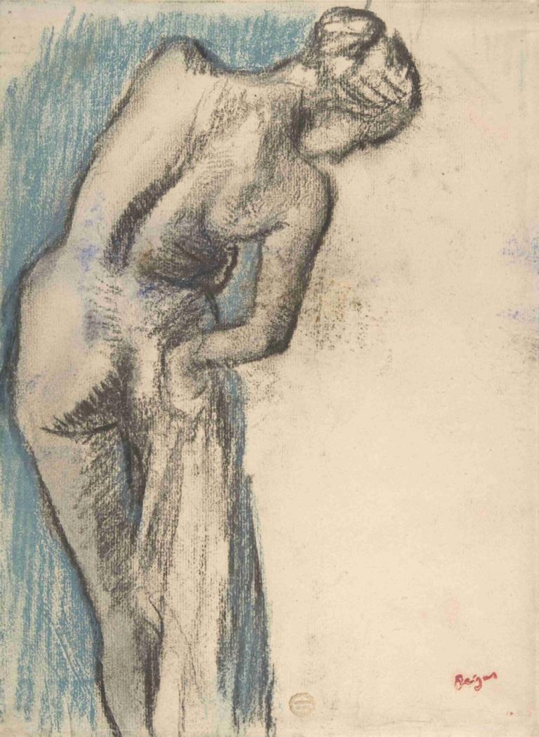 Bather Drying Herself,Edgar Degas,Sketch,Sketch, solo, 1boy, male focus, nude, traditional media, monochrome