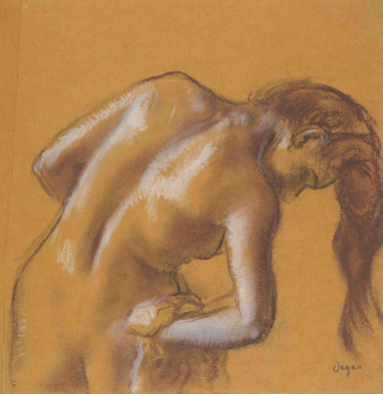 Bather Drying Herself,몸을 말리는 목욕,Edgar Degas,에드가 드가,컬러 스케치,컬러 스케치, 여자 1명, 독주, 나체상, 긴 머리, 가슴, 단색화, 뒤쪽에, 수음, 뒤에서