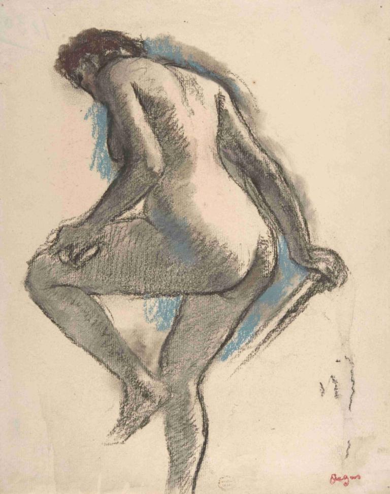 Bather Sponging Her Knee,Edgar Degas,Sketch,Sketch, 1girl, solo, nude, ass, barefoot, traditional media