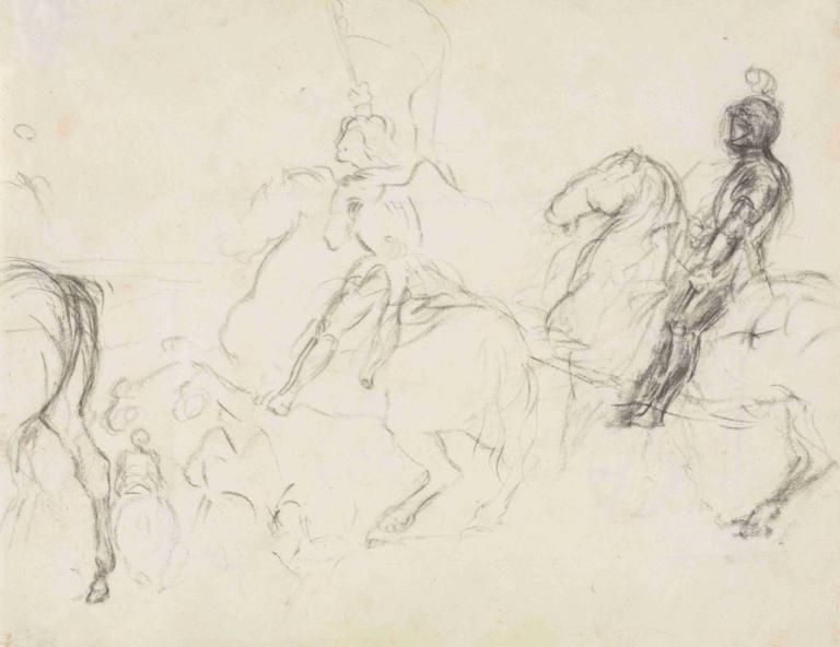 Battle Scene with Armored Figures on Horseback,Edgar Degas,Sketch,Sketch, horse, sketch, monochrome