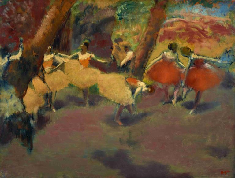 Before The Performance,Edgar Degas,Oil Painting,Oil Painting, multiple girls, tree, nature