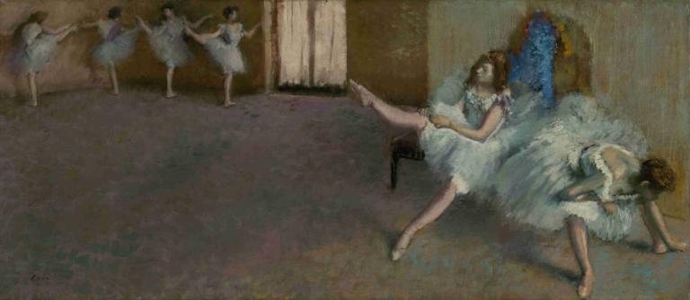 Before the Ballet,Edgar Degas,Oil Painting,Oil Painting, multiple girls, dancing, dress, ballet