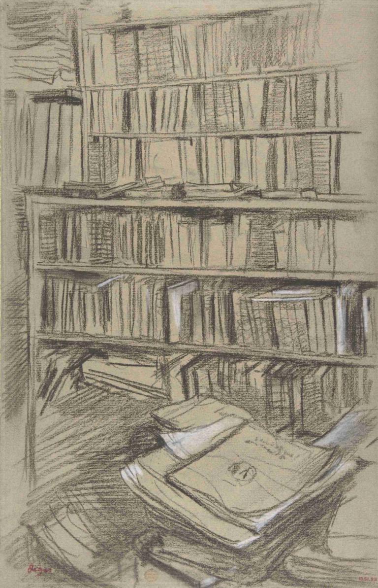 Bookshelves, Study for 'Edmond Duranty',Edgar Degas,Sketch,Sketch, book, no humans, bookshelf, monochrome