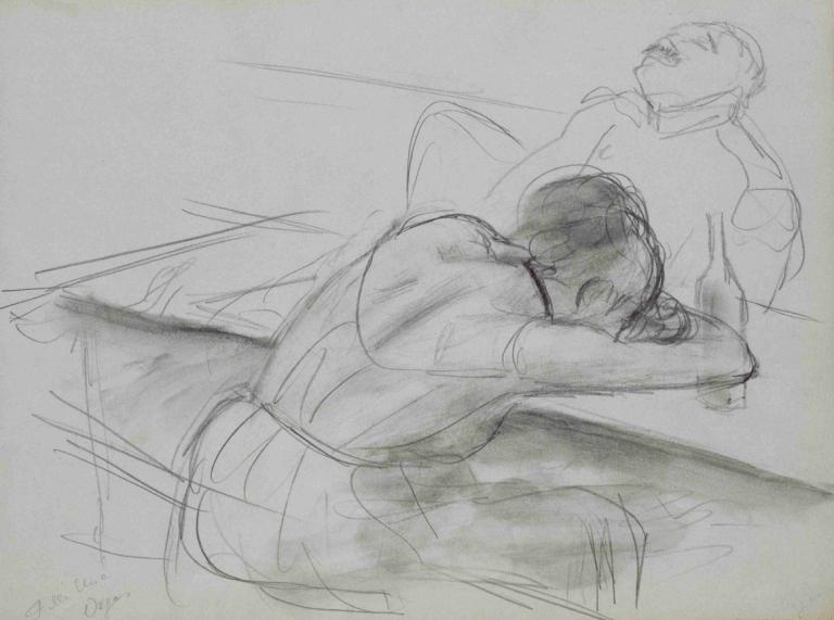 Brothel Scene,Edgar Degas,Sketch,Sketch, monochrome, sketch, 1girl, traditional media, sleeping, 1boy