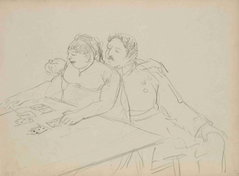 Brothel Scene,Edgar Degas,Sketch,Sketch, sketch, monochrome, uniform, traditional media, sitting, 1girl, cup