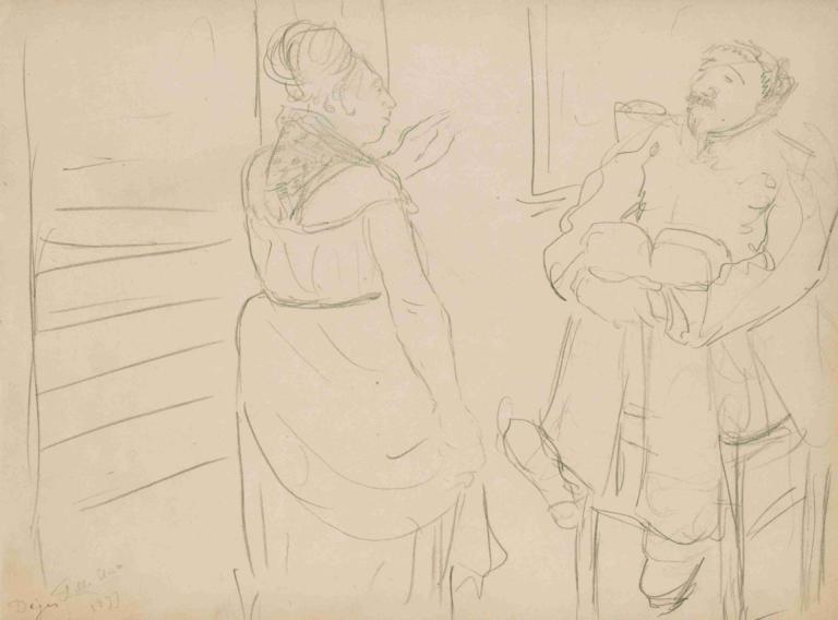 Brothel Scene,Edgar Degas,Sketch,Sketch, sketch, 1girl, 1boy, monochrome