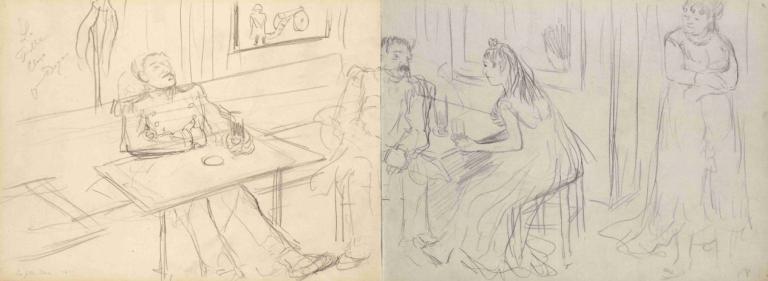 Brothel Scene,Edgar Degas,Sketch,Sketch, multiple boys, sketch, monochrome, family, table, dress, 3boys