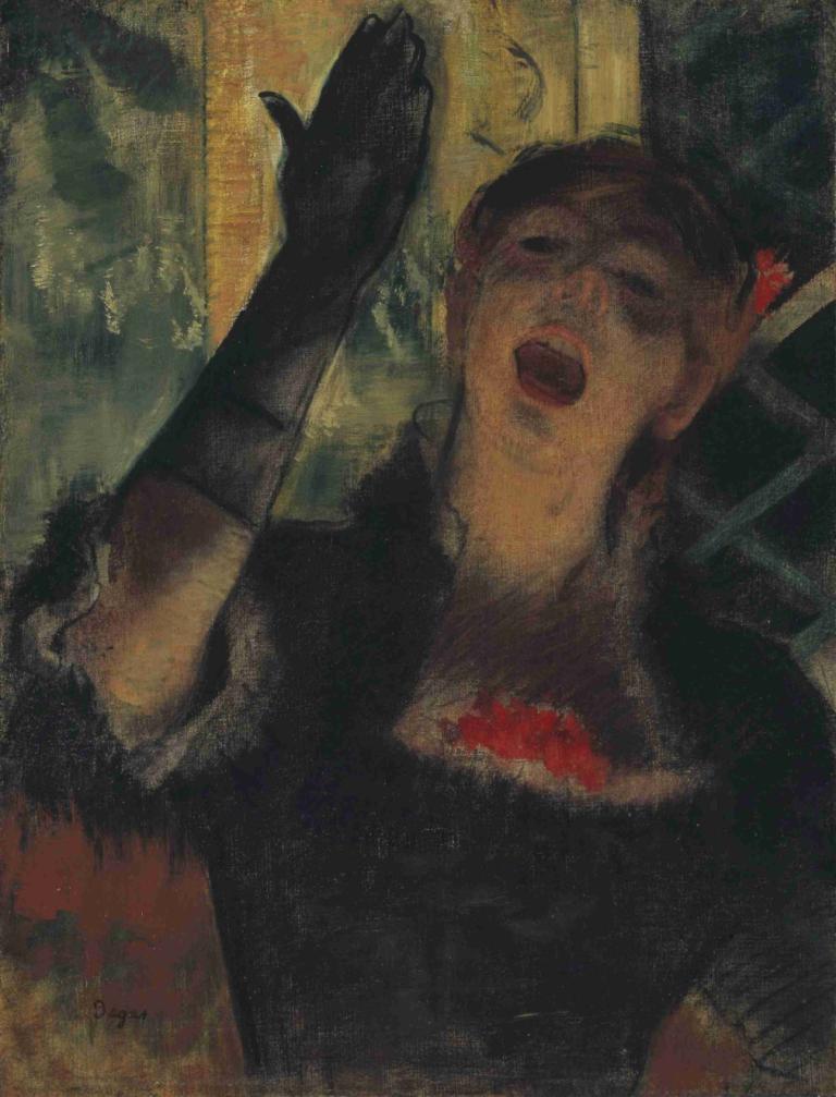 Café Singer,Edgar Degas,Oil Painting,Oil Painting, solo, gloves, open mouth, 1girl, black gloves, black hair