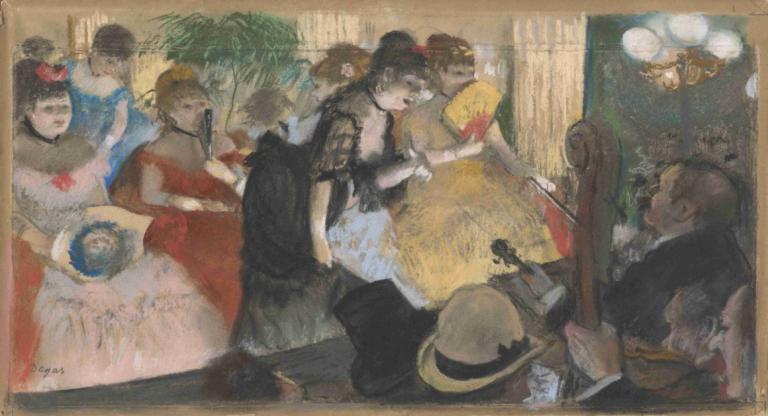 Café-Concert,Edgar Degas,Oil Painting,Oil Painting, multiple girls, dress, multiple boys, fine art parody