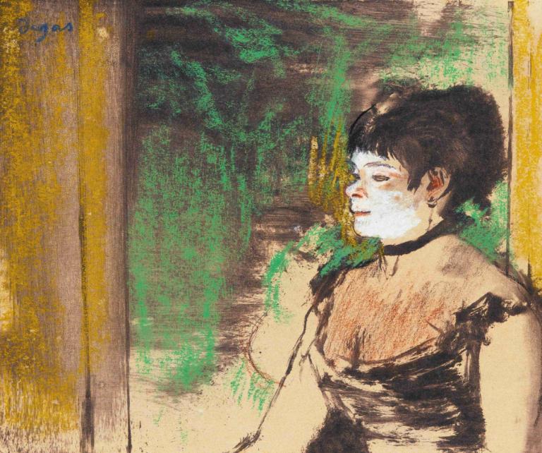 Chanteuse De Café-Concert,Edgar Degas,Pastel,Pastel, solo, 1girl, earrings, jewelry, black hair, upper body